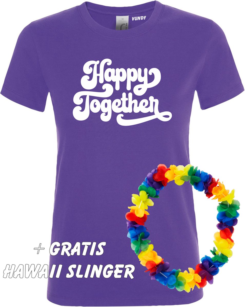 Dames t-shirt Happy Together | Toppers in Concert 2022 | Toppers kleding shirt | Flower Power | Hippie Jaren 60 | Paars dames | maat XS